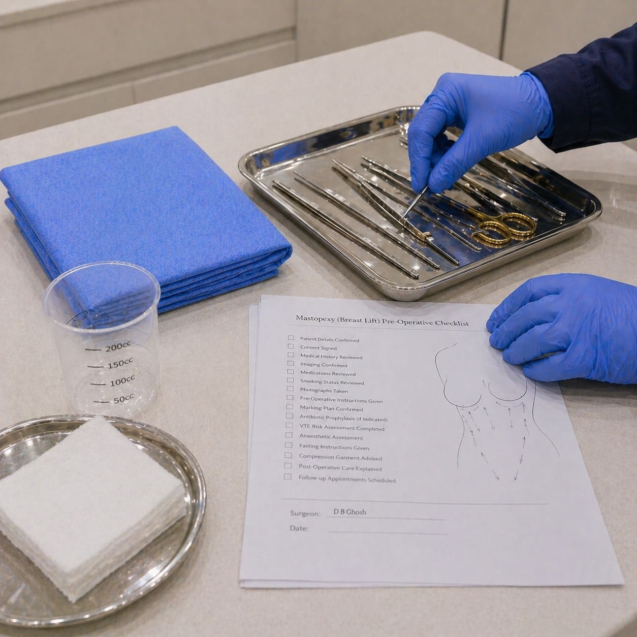Breast Lift Procedure Preparation – Hands-Only Sterile Setup Close-Up
