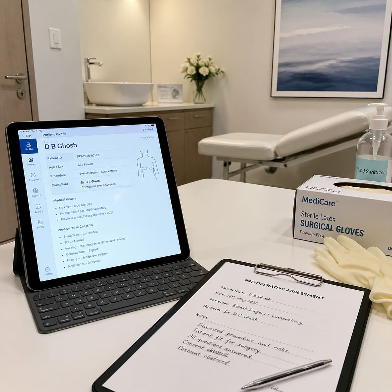 Pre-Operative Breast Surgery Consultation Desk – Professional Clinical Setup